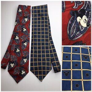 Disney Mickey Mouse Silk Polyester Ties Lot Of 2 Paisley Checks